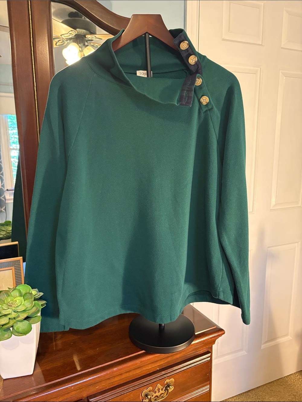 J. Crew Classic Button-Neck Women’s  cozy Sweatshirt- Deep Green